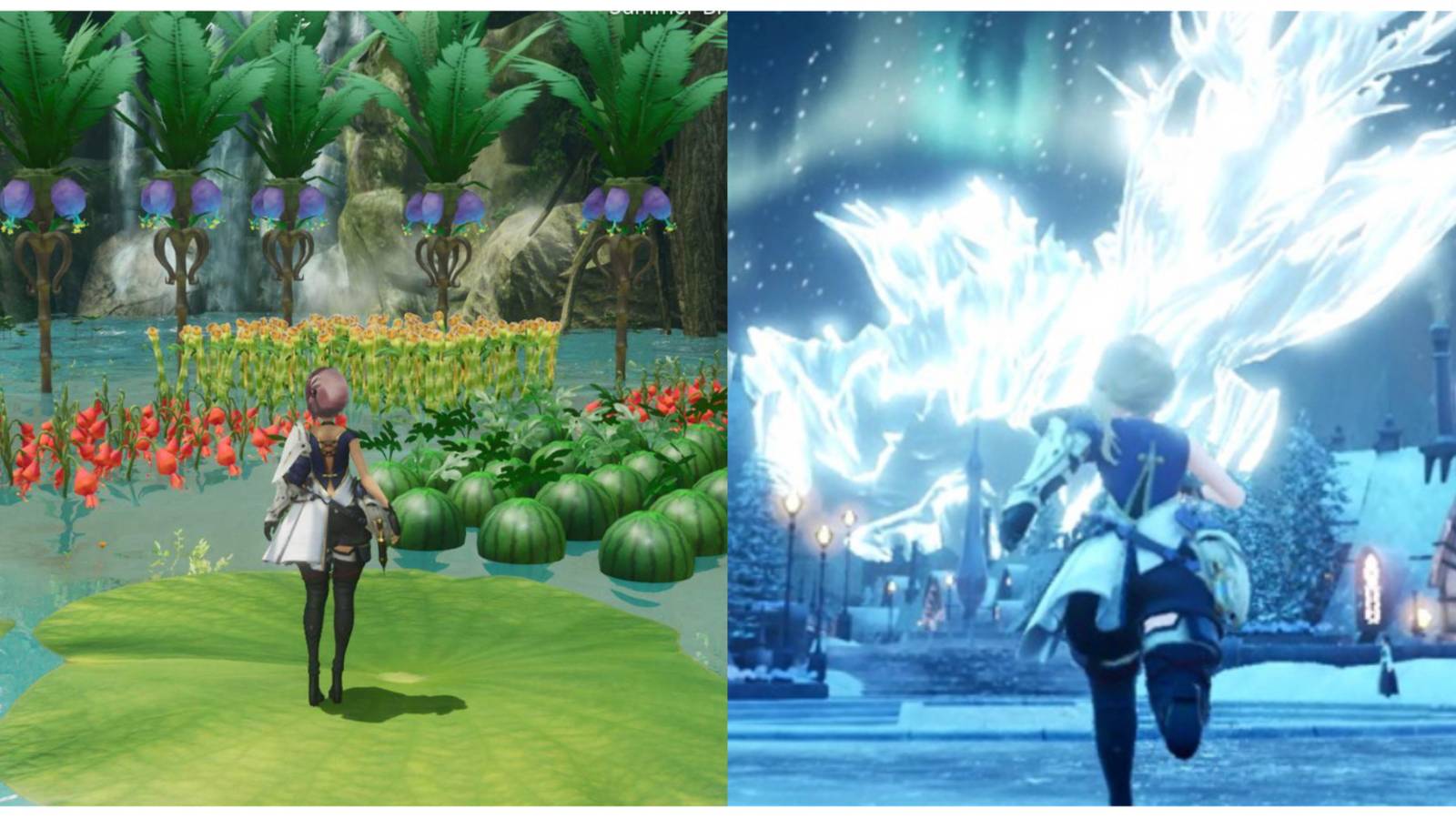 split image of the protagonist in Harvestella at her crops and running