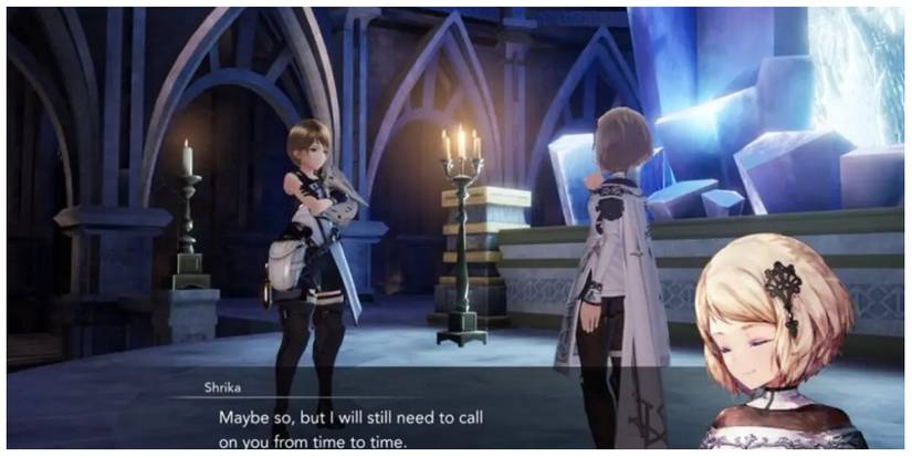 the protagonist talking to Shrika in Harvestella