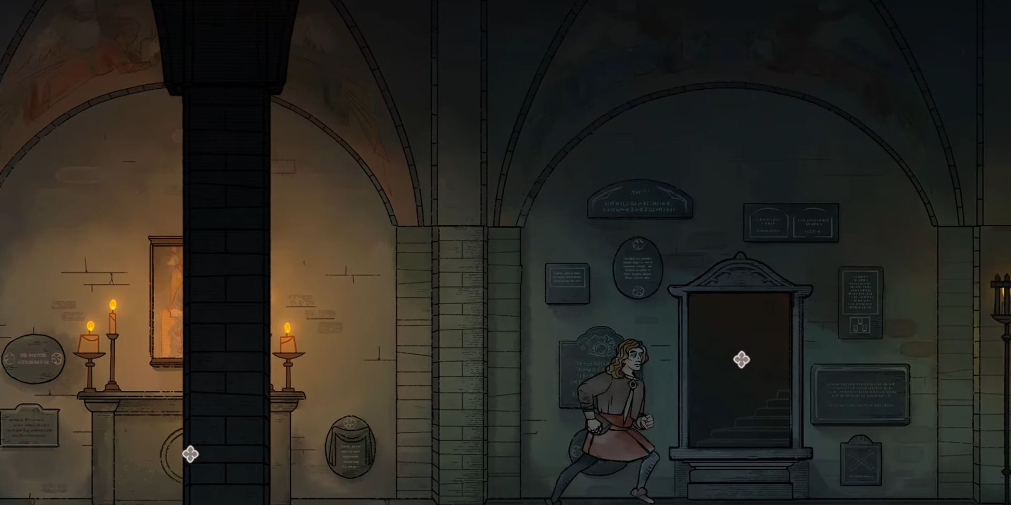 A screen of Pentiment showing Andreas discovering a secret passage