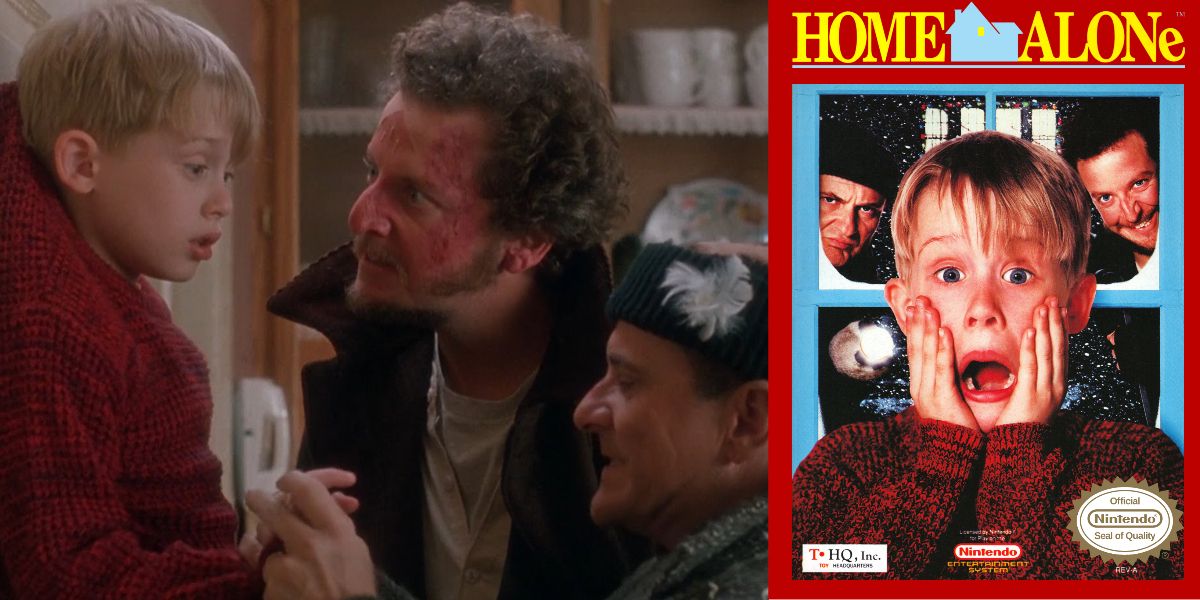 Kevin McCallister confronted by the wet bandits in Home Alone alongside the Home Alone video game cover