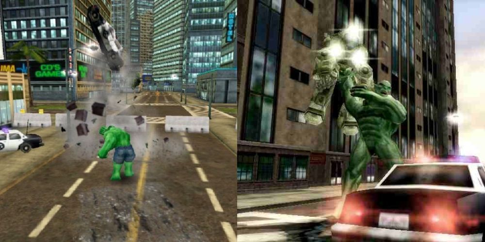 Hulk throwing police car and Abomination holding robot in city