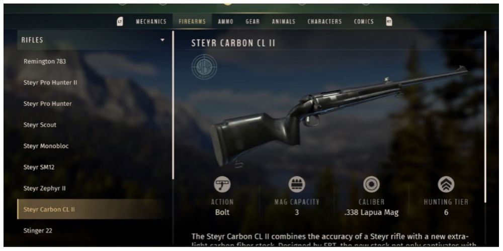 information screen for Steyr Carbon CL II in Way of the Hunt