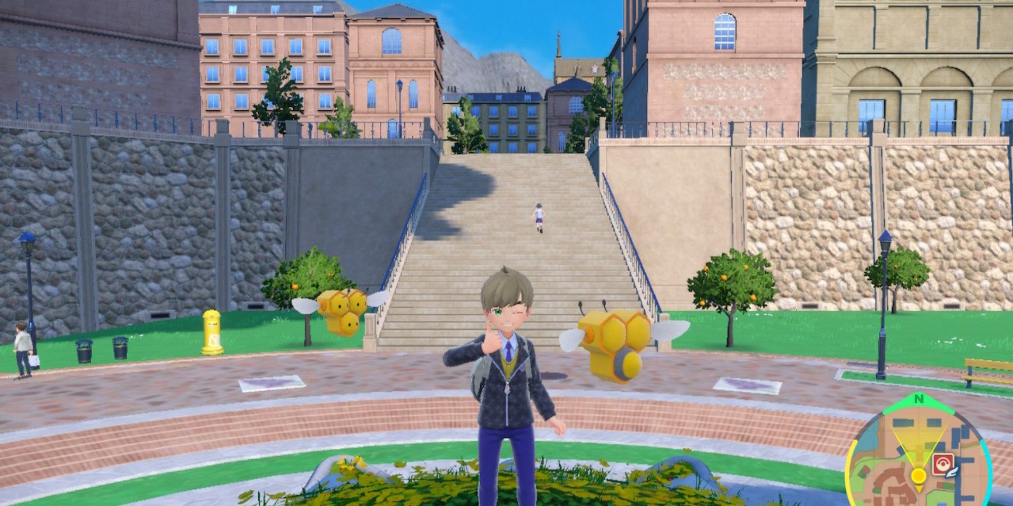 the player on top of a garden with two combee