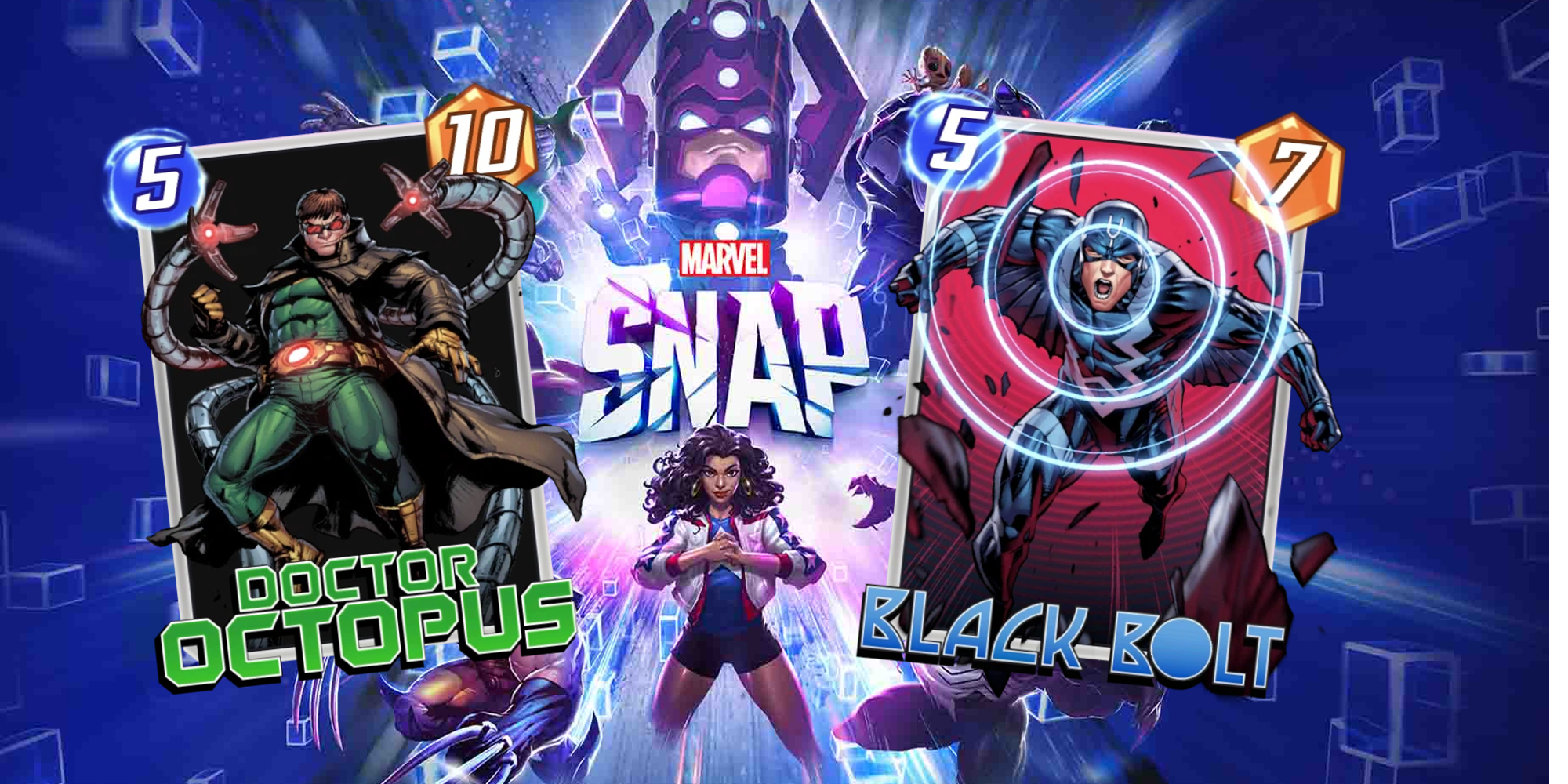 dr octopus and black bolt in front of the marvel snap logo