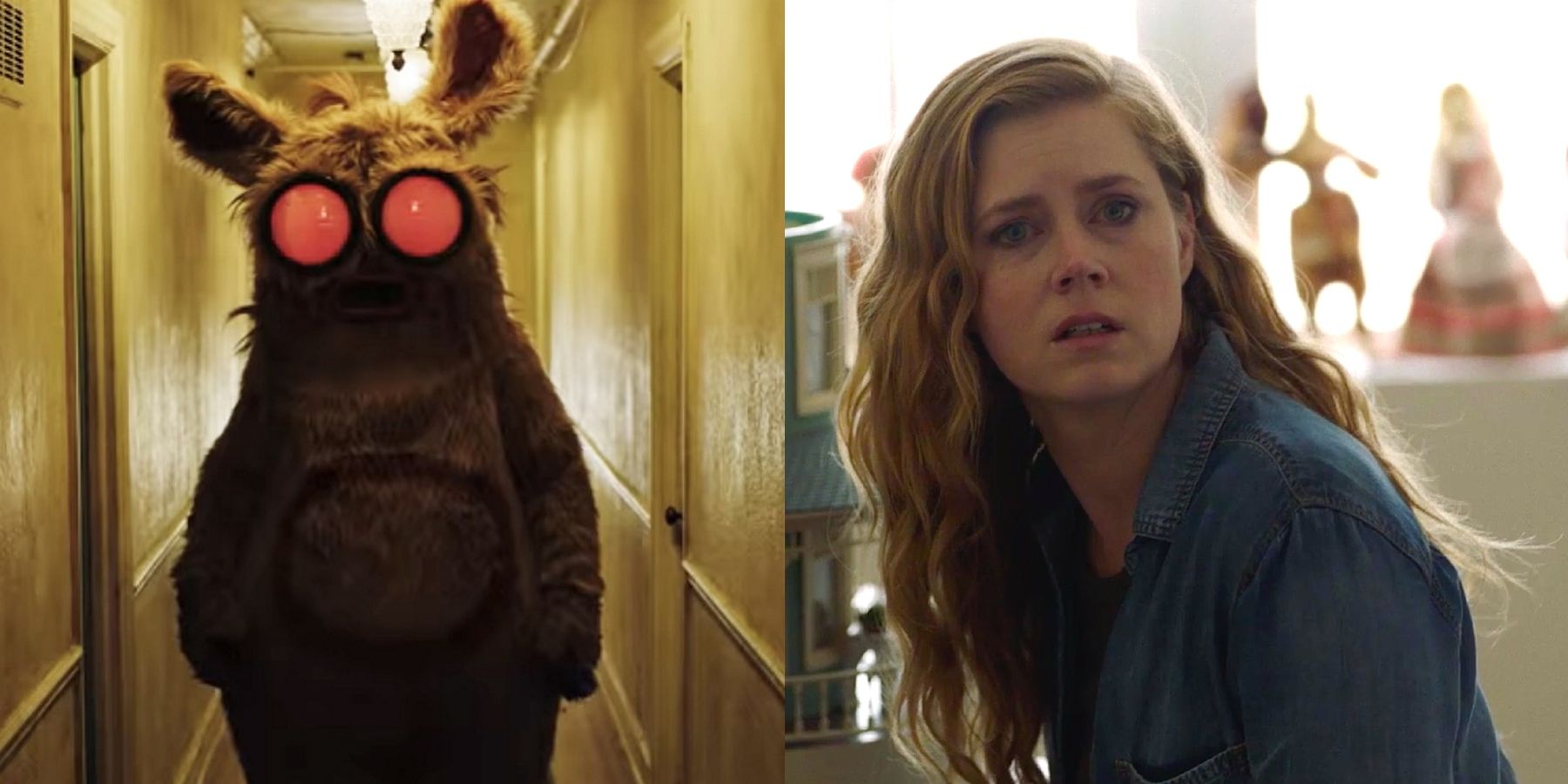 Split image of Pooka in Into The Dark and Amy Adams in Sharp Objects