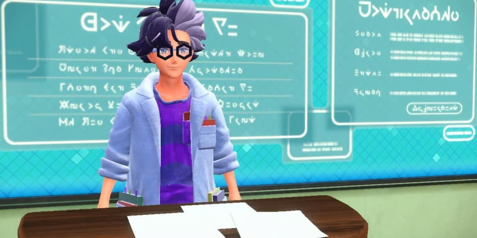 Jacq standing behind a desk in Pokemon Scarlet and Violet