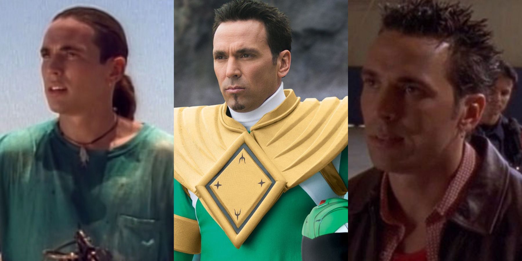 A split image features Jason David Frank as Tommy Oliver in Mighty Morphin Power Rangers, Power Rangers Super Megaforce, and Power Rangers Wild Force
