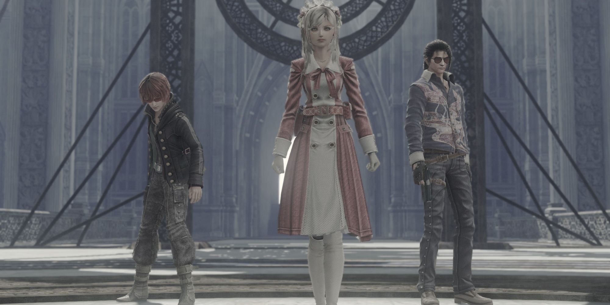 The three player characters in special costumes in Resonance of Fate