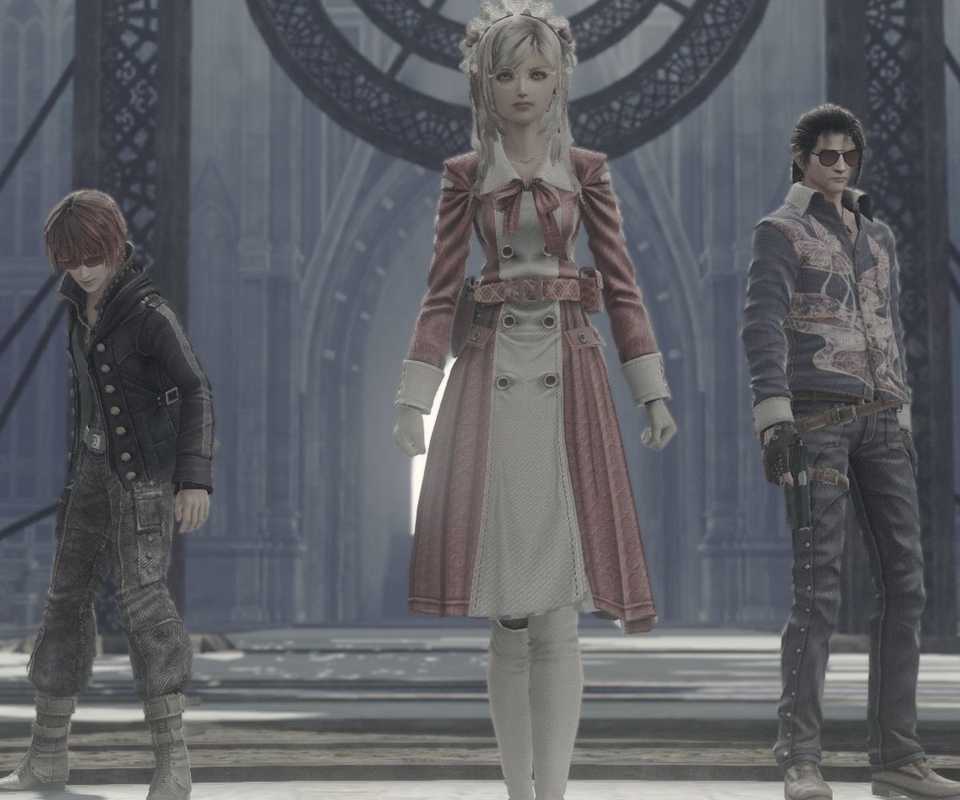 The three player characters in special costumes in Resonance of Fate