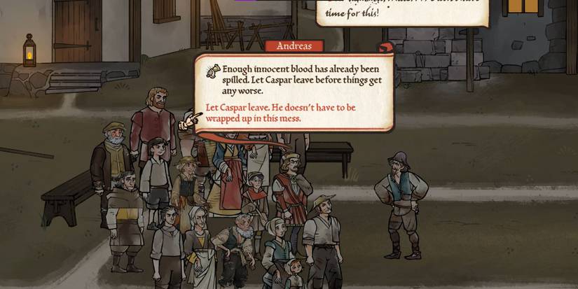 a screenshot from Pentiment in which Andreas asks for Caspar to be allowed to leave