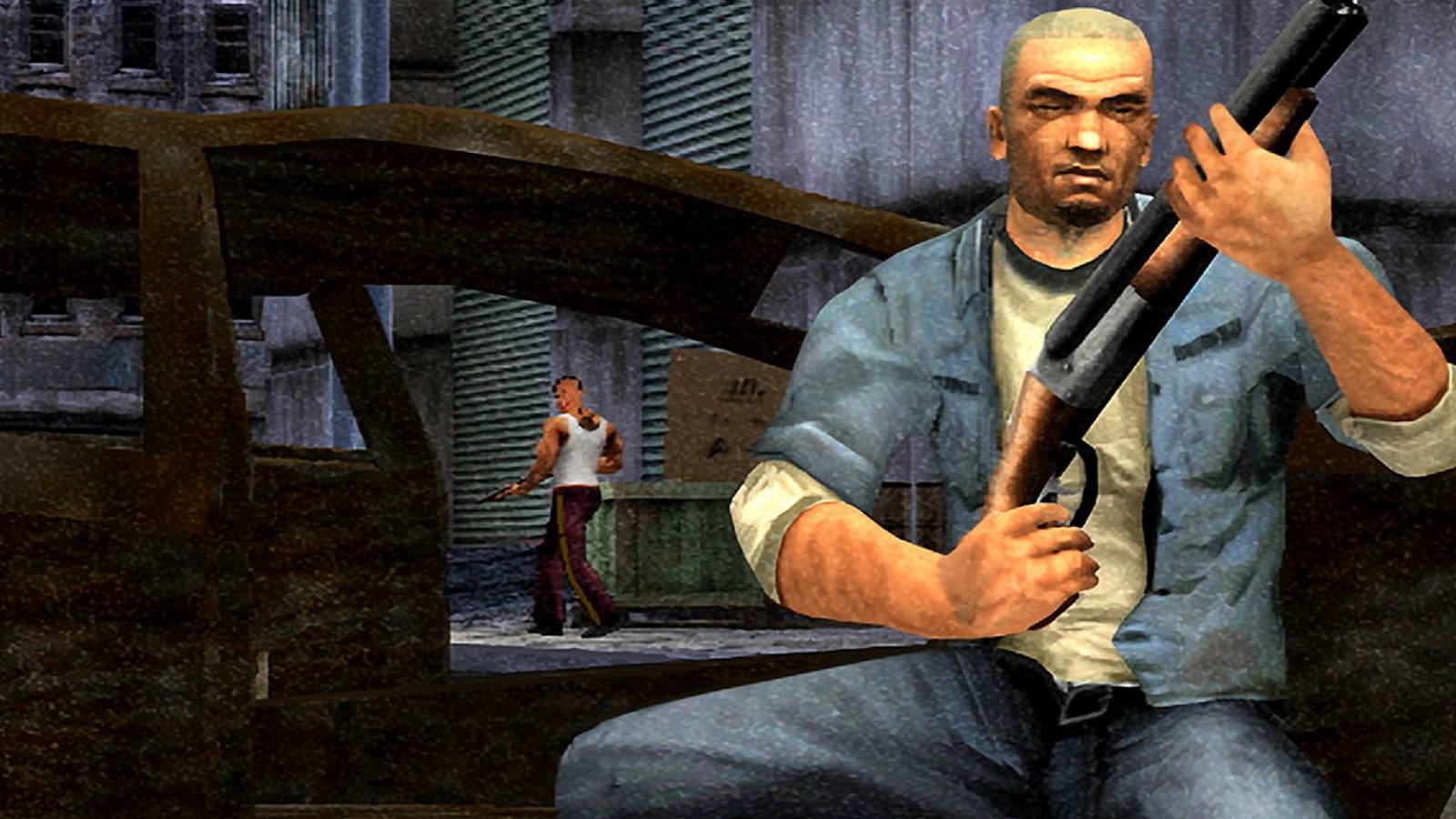 Image from Manhunt showing protagonost James Earl Cash crouching down while holding a shotgun.