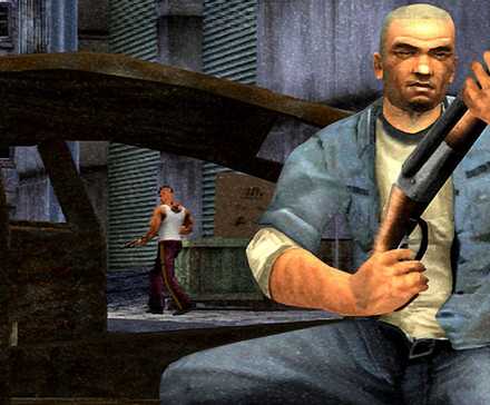 Image from Manhunt showing protagonost James Earl Cash crouching down while holding a shotgun.