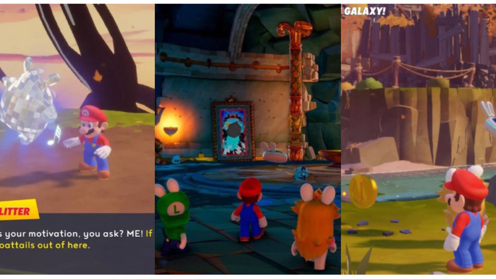 split image of Mario with Glitter Spark; Mario, Rabbid Peach, and Rabbid Luigi; and Mario and Rabbid Peach in Mario + Rabbids: Sparks of Hope