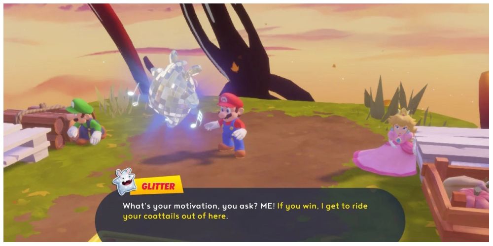 Mario, Peach, Luigi, and the Glitter Spark in Mario + Rabbids: Sparks of Hope