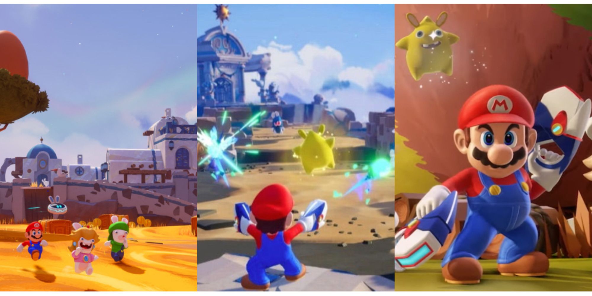 split image of Mario with Rabbid Peach and Rabbid Luigi, Mario firing his weapons, and Mario in his battle pose in Mario + Rabbids: Sparks of Hope