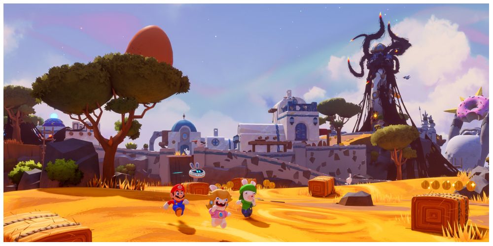 Mario, Rabbid Peach, and Rabbid Luigi in Mario + Rabbids: Sparks of Hope