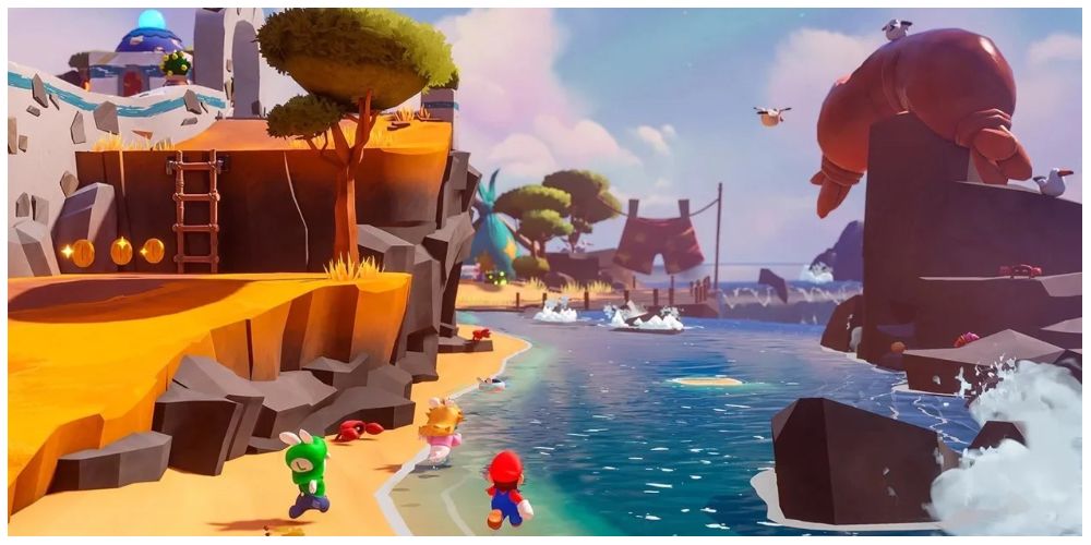 Mario, Rabbid Peach, and Rabbid Luigi running on the beach in Mario + Rabbids: Sparks of Hope