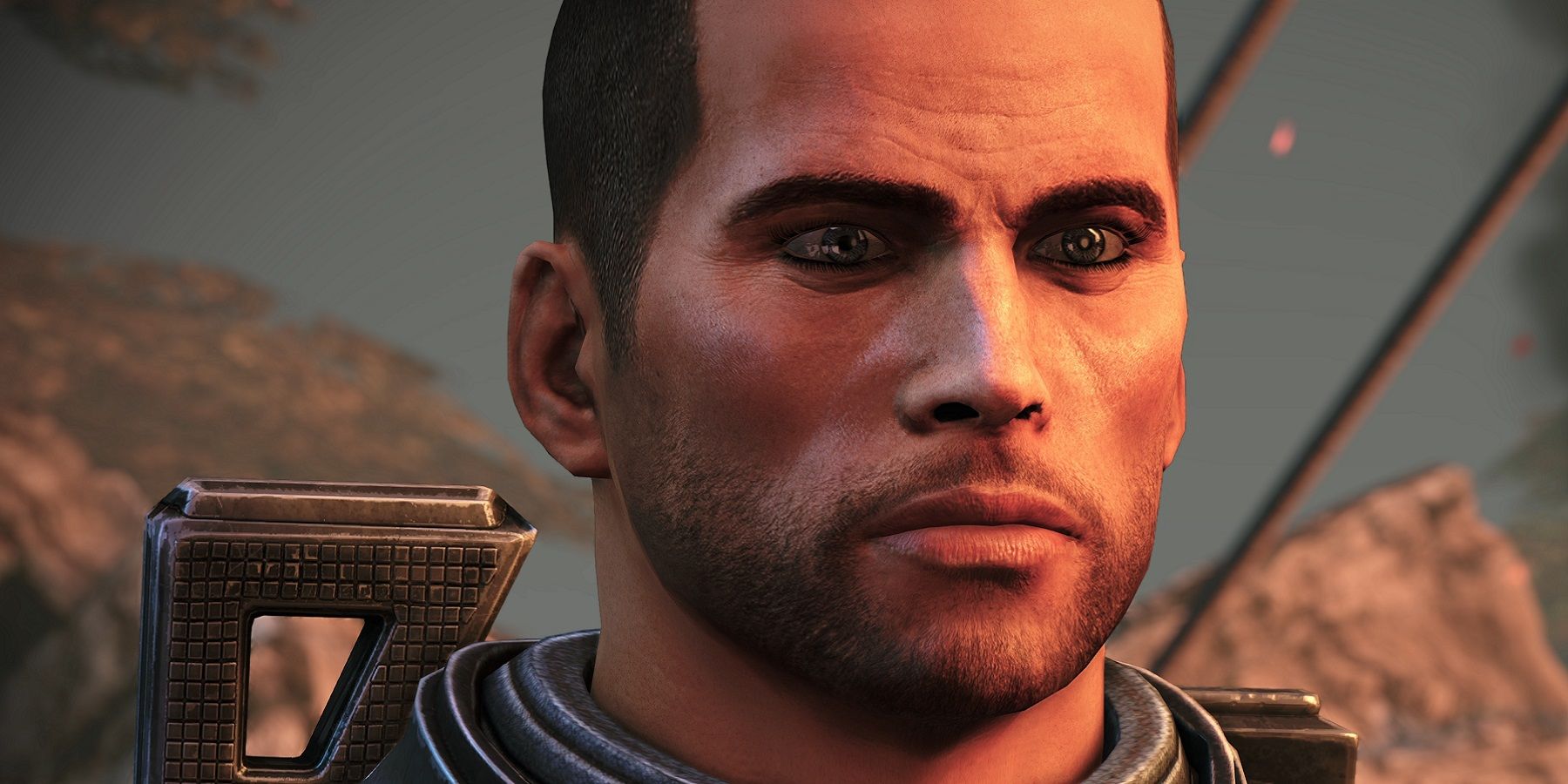 Image from the original Mass Effect game showing a close-up of protagonist Shepard.