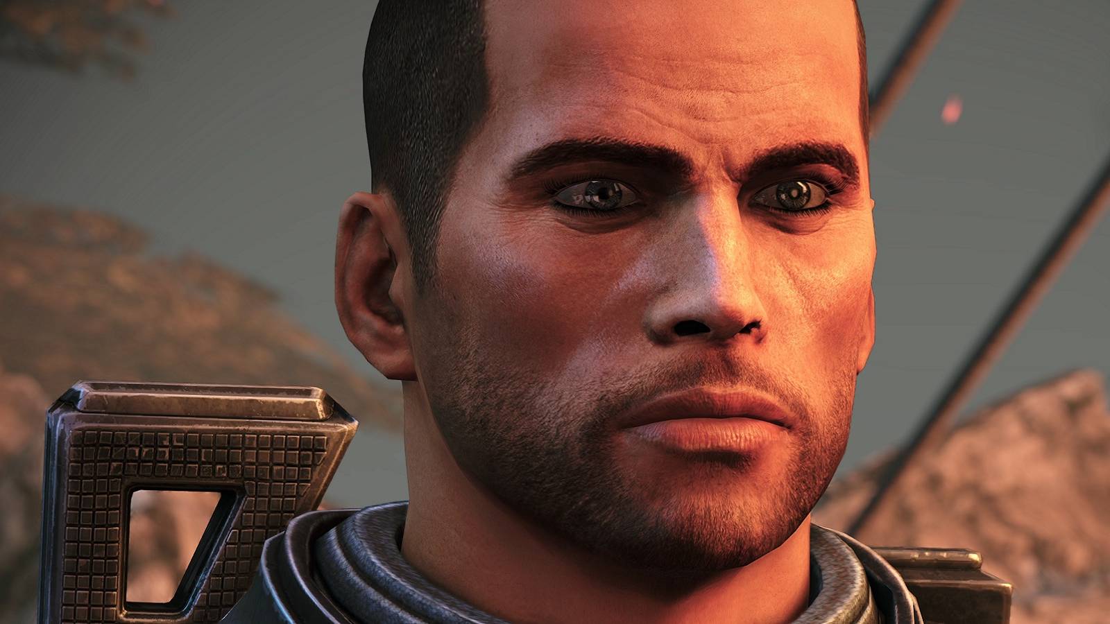 Image from the original Mass Effect game showing a close-up of protagonist Shepard.