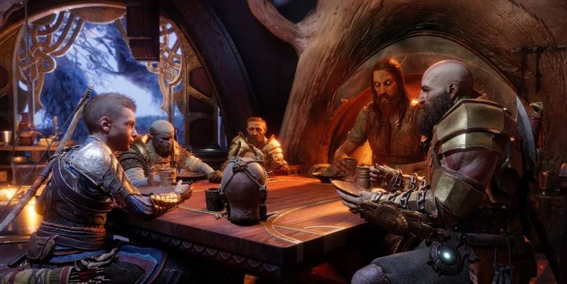 mimir, kratos, atreus, tyr, brok and sindr eating dinner in God of war ragnarok