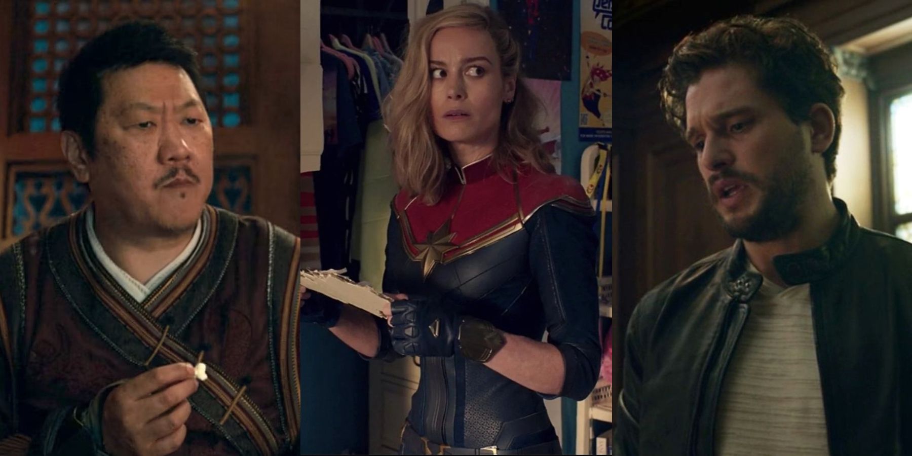 Benedict Wong, Brie Larson as Captain Marvel and Kit Harington as Dane Whitman MCU post-credits split image