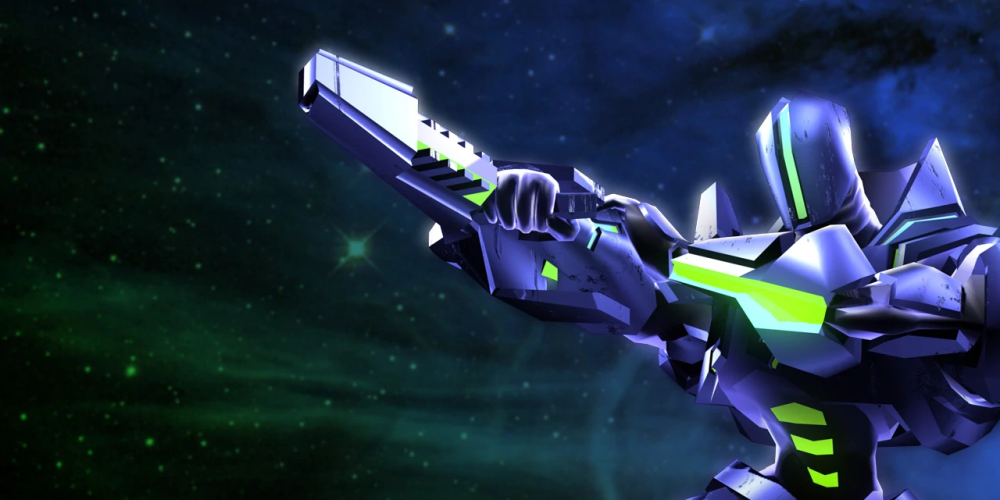 A shot of Sylux from an official wallpaper for the game Metroid Prime: Hunters