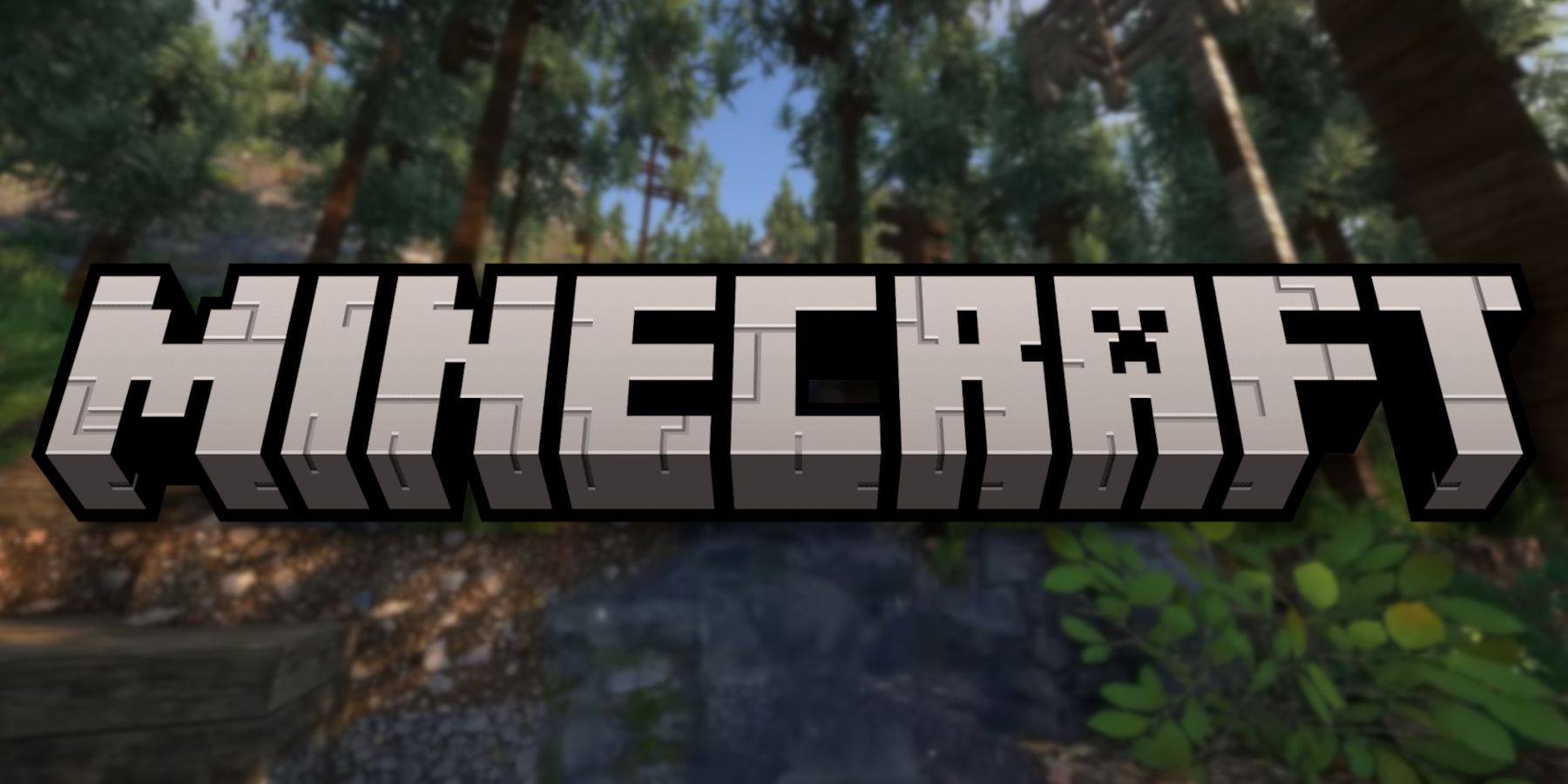 The Minecraft logo with a more realistic looking version of the game behind it.