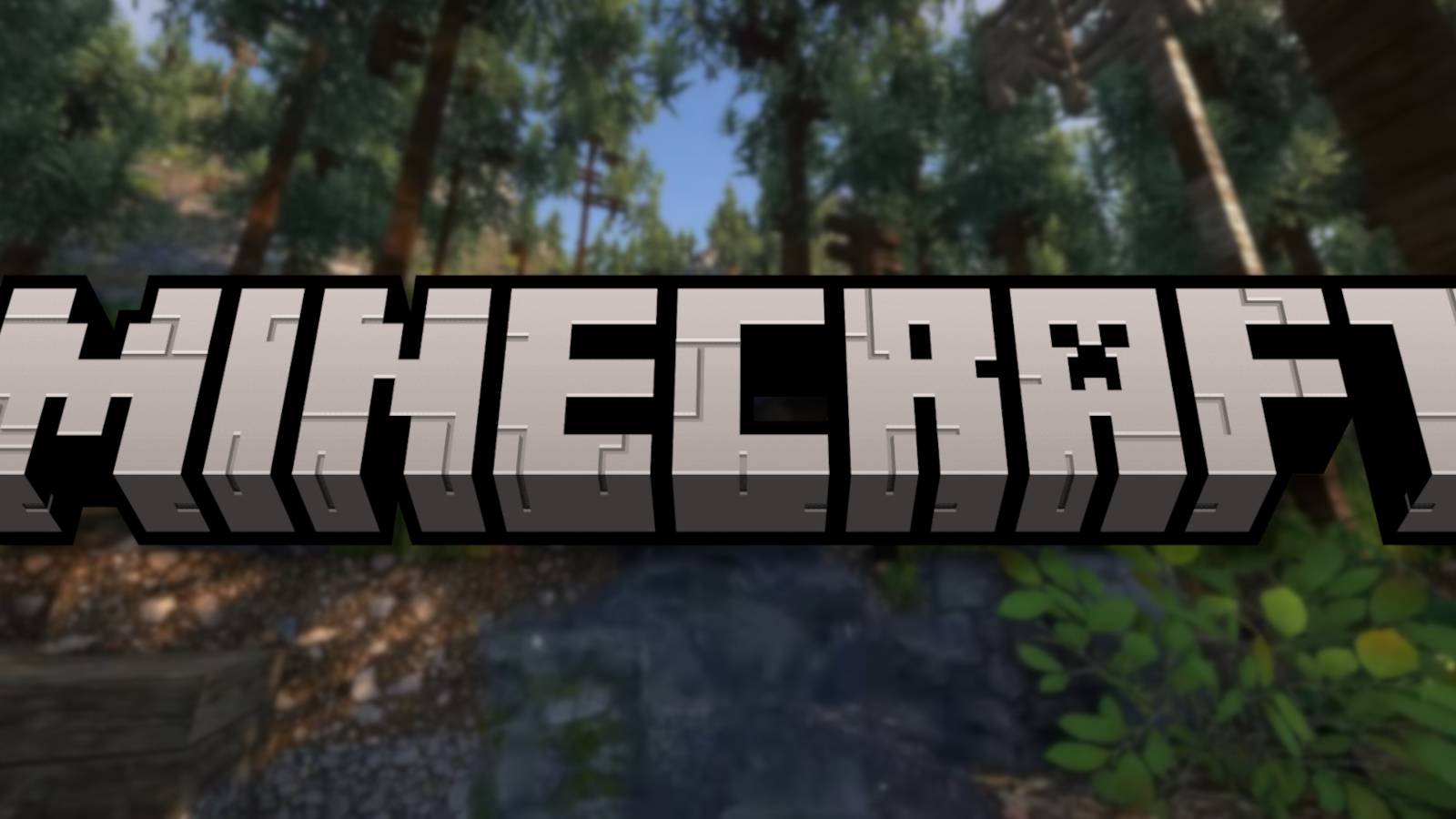 The Minecraft logo with a more realistic looking version of the game behind it.