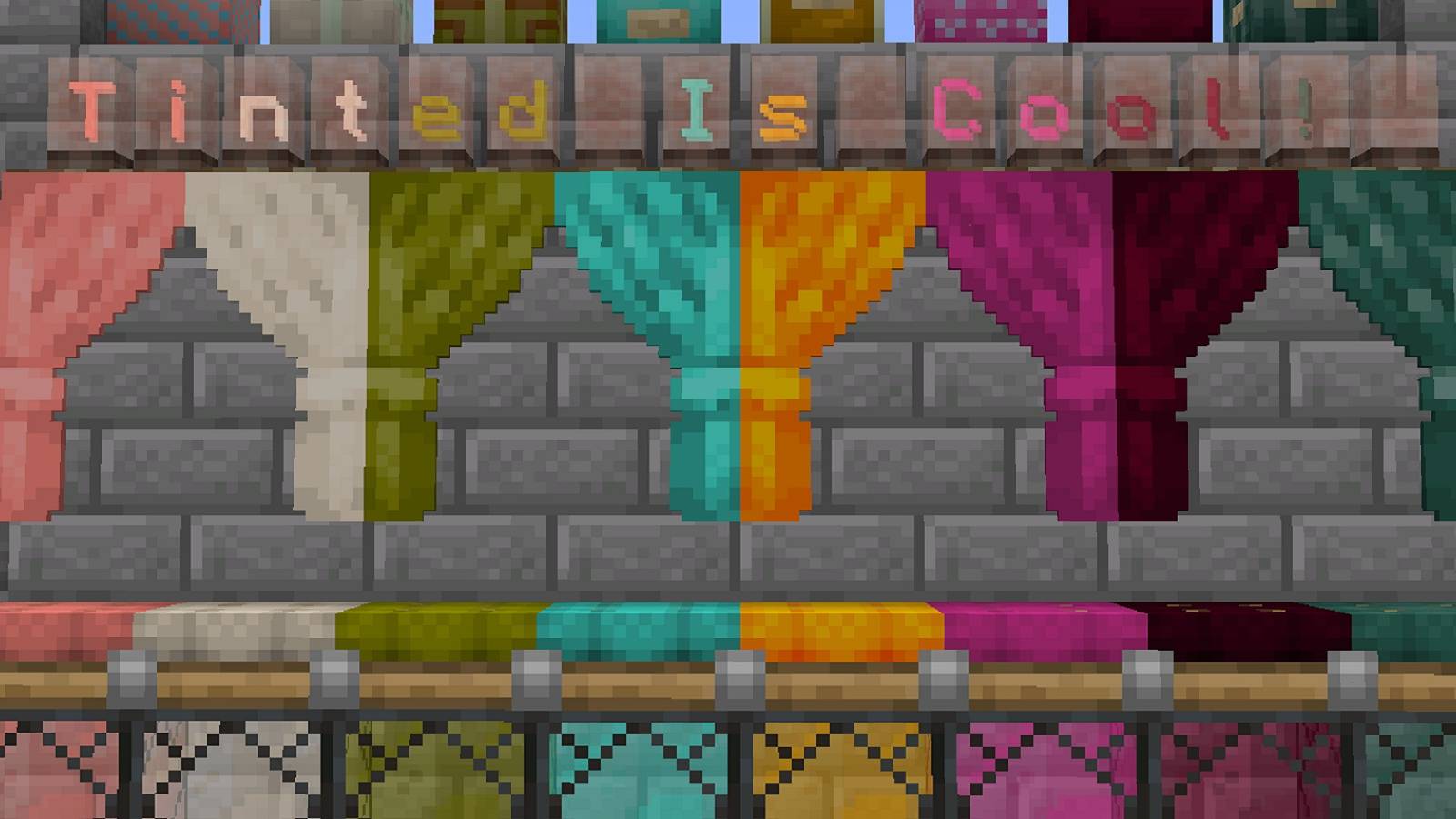 Image from Minecraft showing some curtains painted different colors.