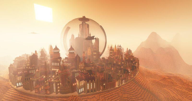 A screenshot from Minecraft shows a recreation of the planet Gallifrey from Doctor Who.