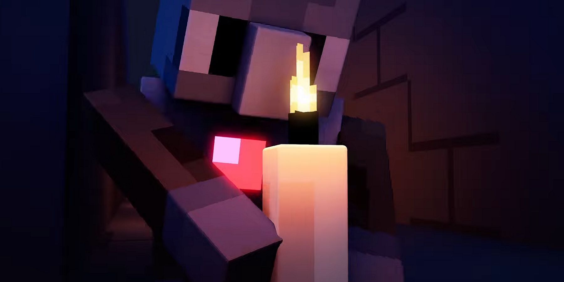Image from Minecraft showing a character placing a large candle on the ground.