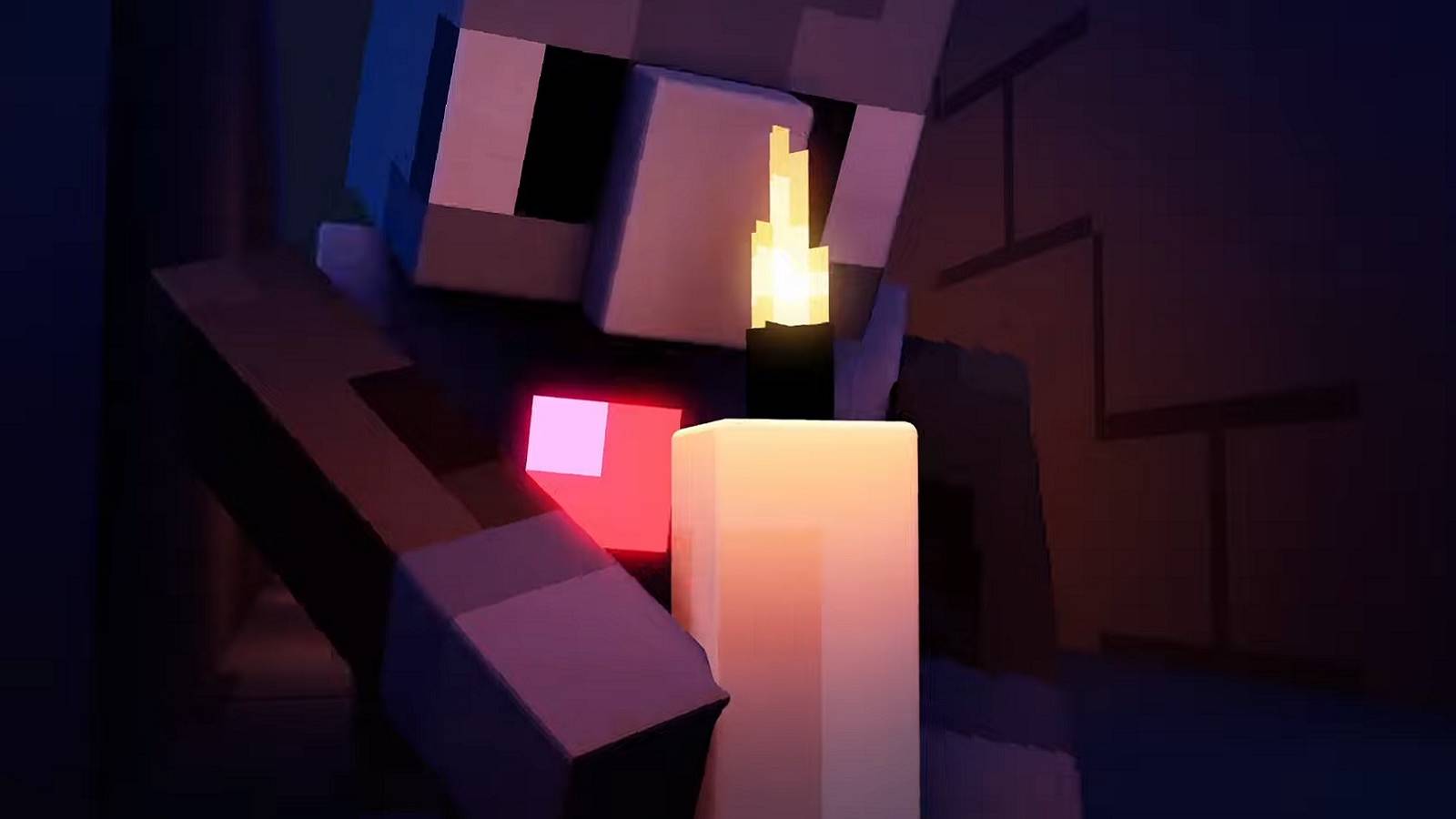 Image from Minecraft showing a character placing a large candle on the ground.