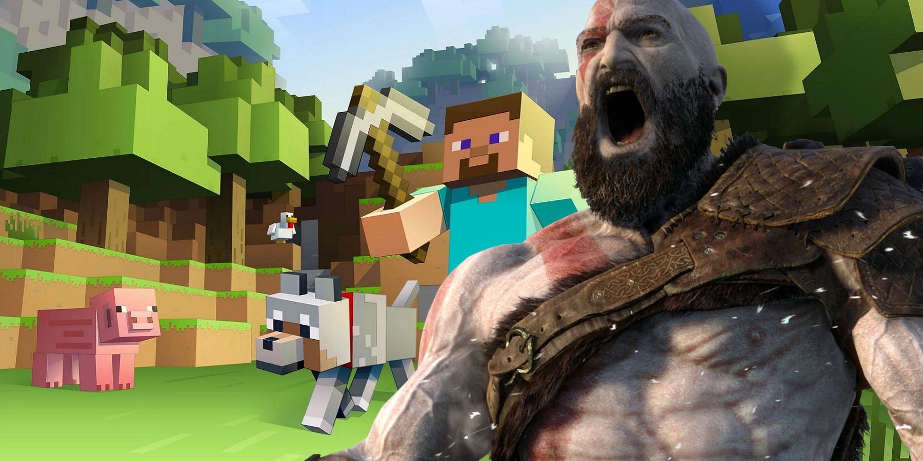 Image from Minecraft with God of War's Kratos yelling in the foreground.
