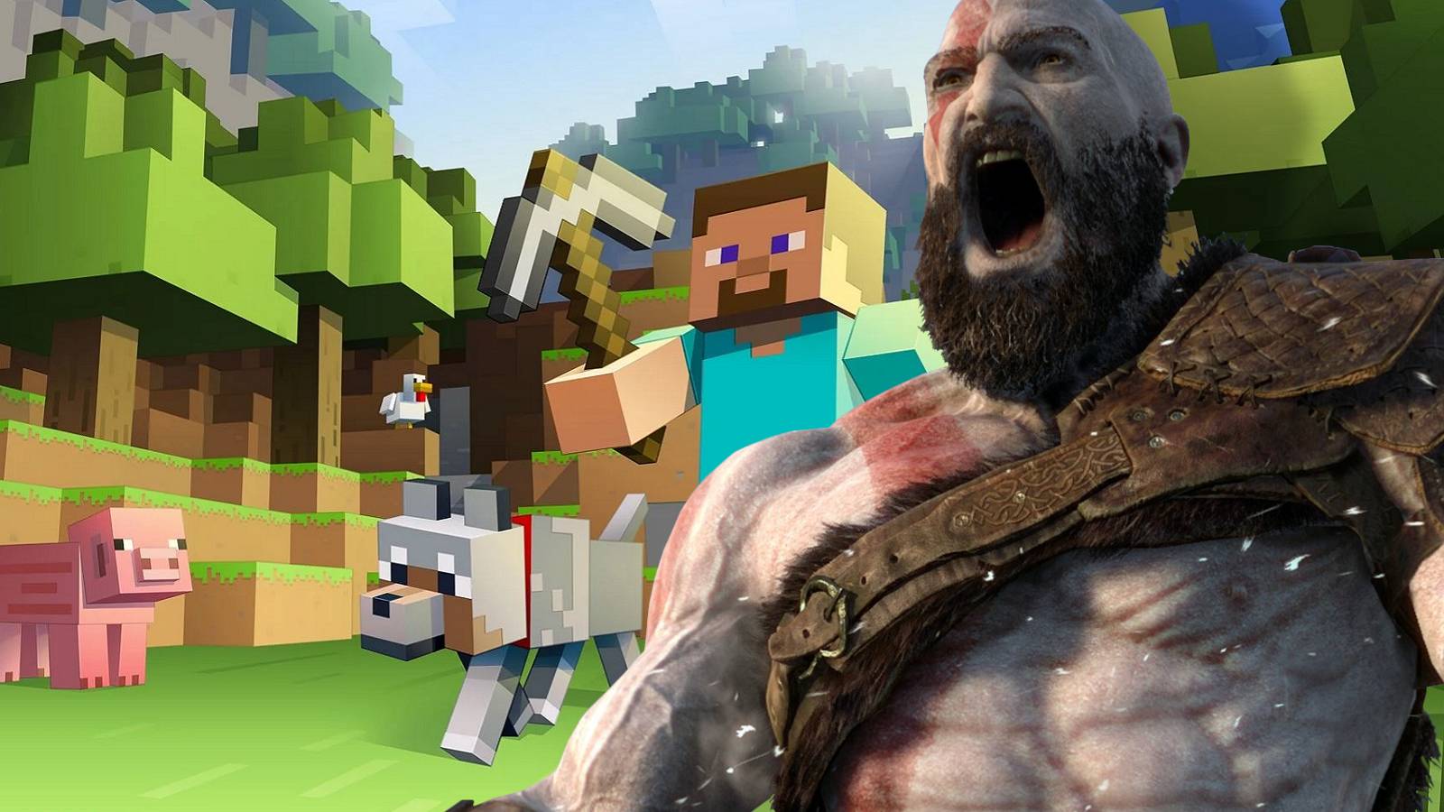 Image from Minecraft with God of War's Kratos yelling in the foreground.