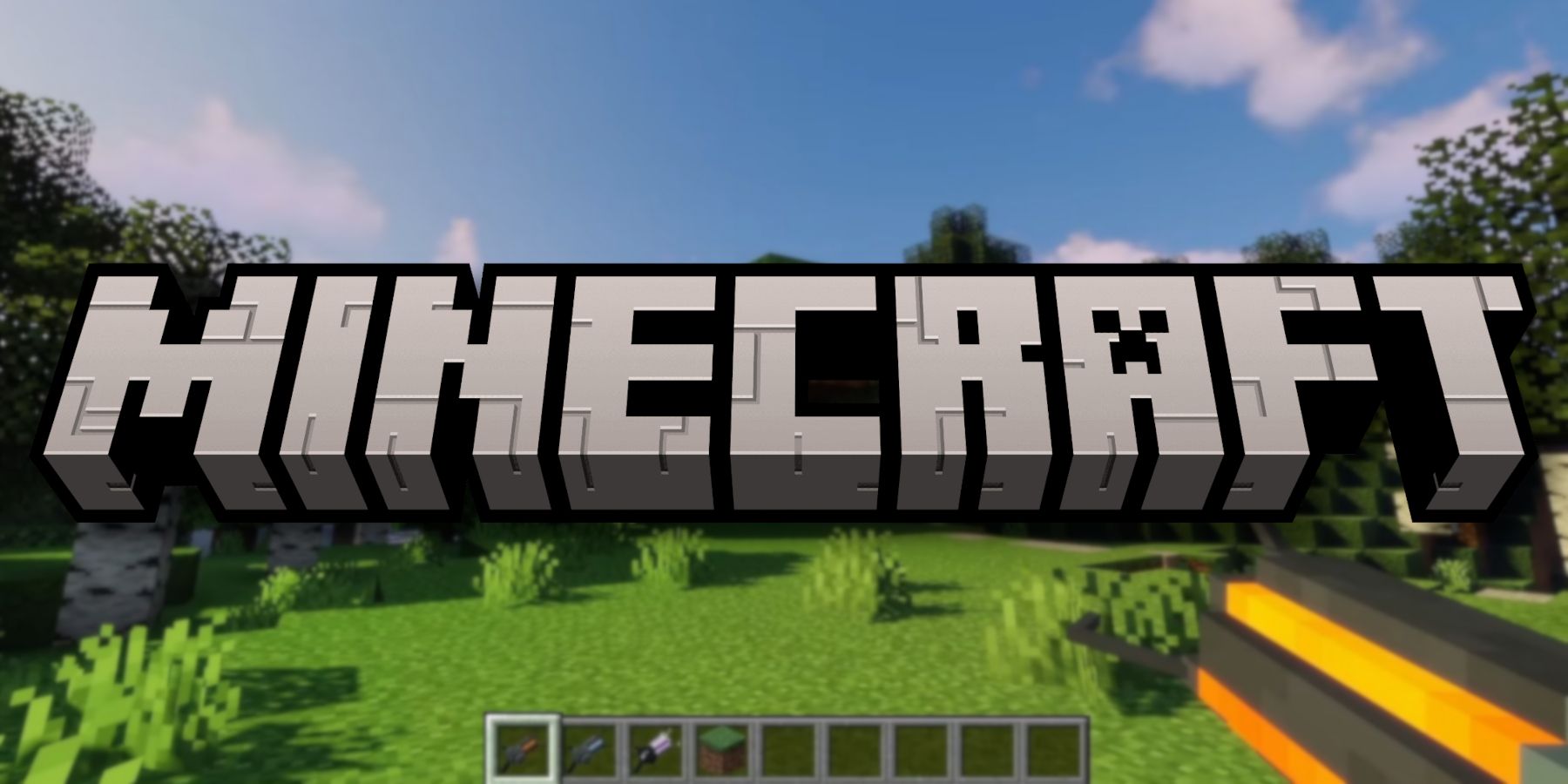 The Minecraft logo with the game in the background showing the player holding a Half-Life 2 style gravity gun.