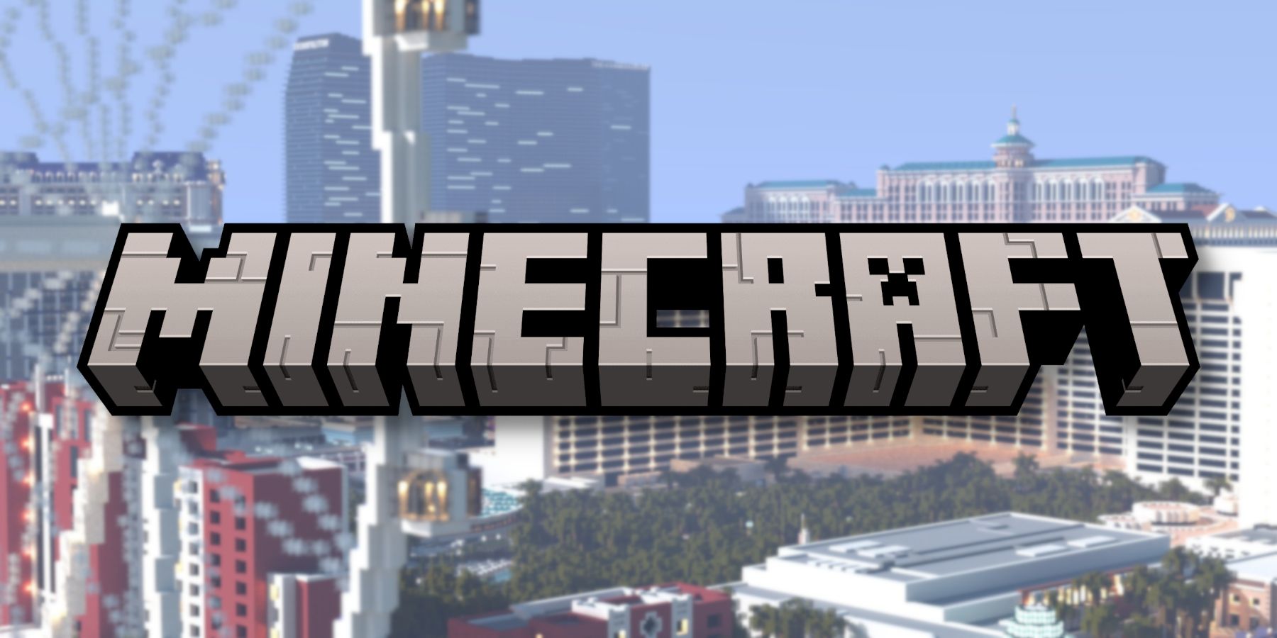 The Minecraft logo with a view of a Las Vegas replica behind it.