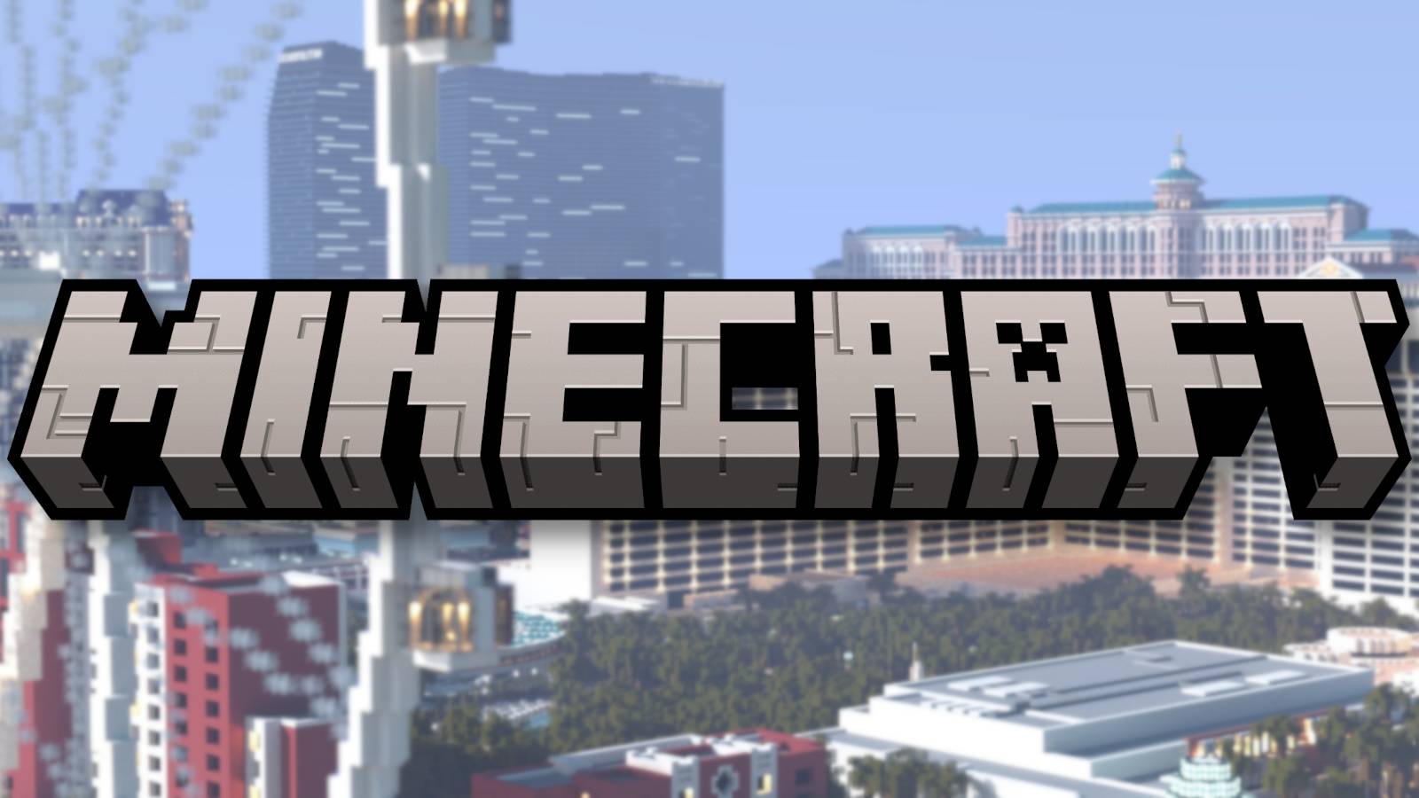 The Minecraft logo with a view of a Las Vegas replica behind it.