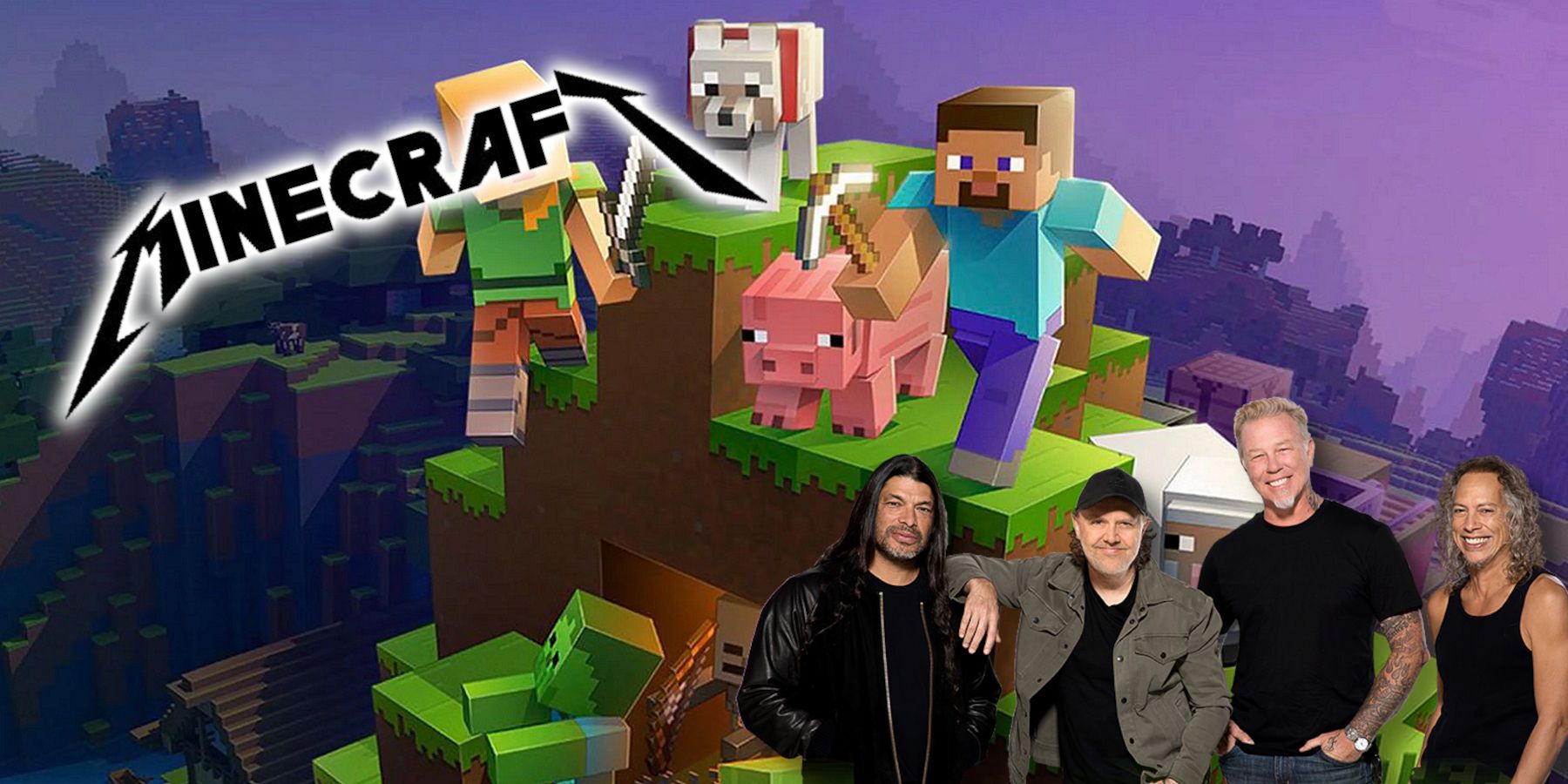 Image from Minecraft showing Metallica in one corner and the game's logo written out in the Metallica font.