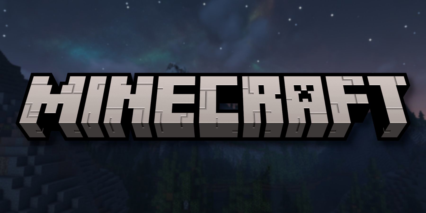 The Minecraft logo with some night-time mountains in he background.