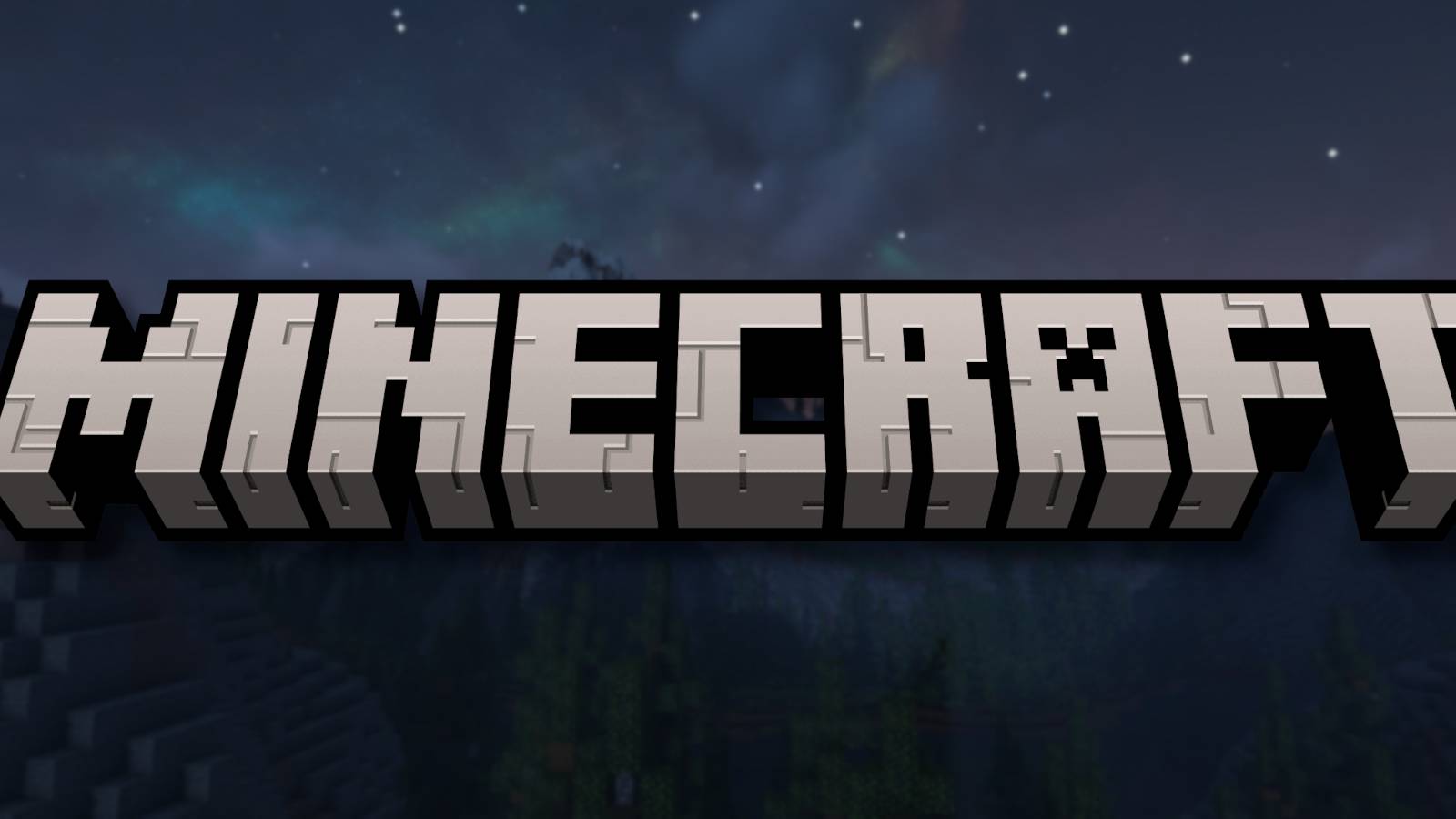 The Minecraft logo with some night-time mountains in he background.