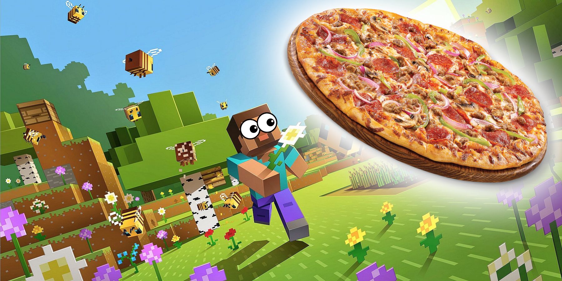 Image from Minecraft showing Steve looking at a giant floating pizza.