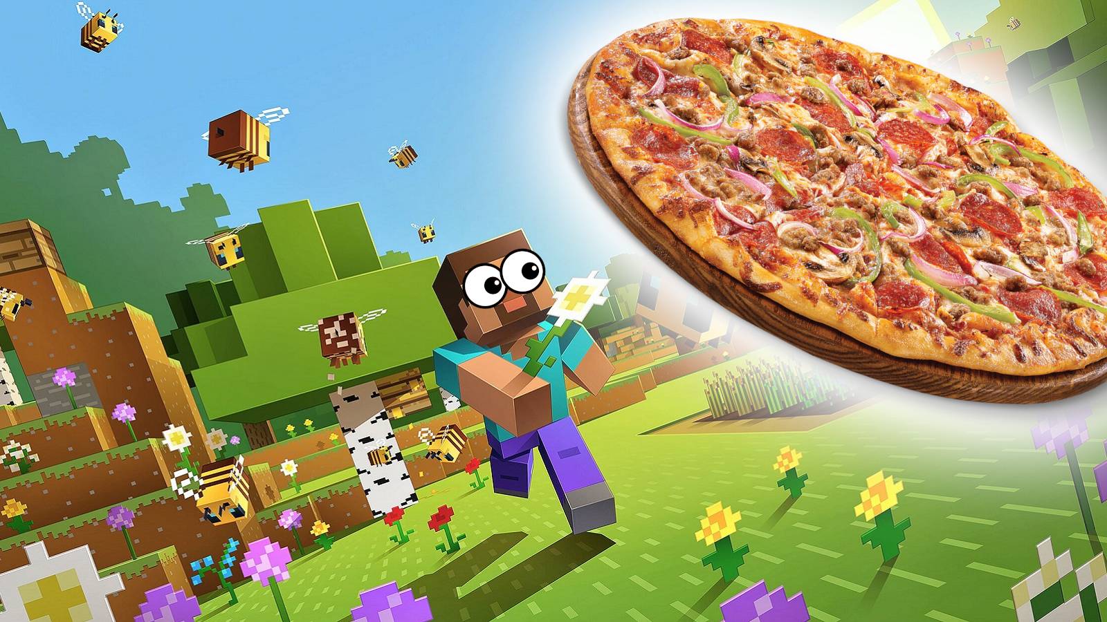 Image from Minecraft showing Steve looking at a giant floating pizza.