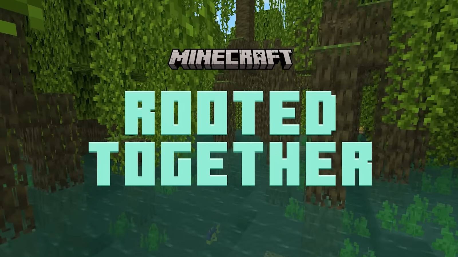Image from Minecraft showing a swamp in the background and the words 