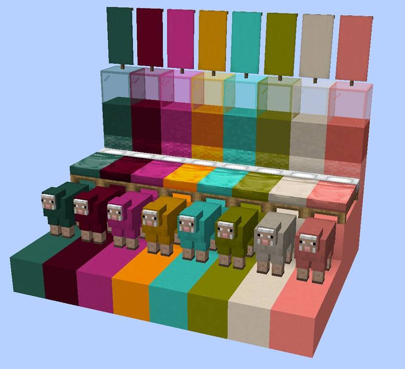 Image from Minecraft showing a series of different colors with sheep stood on them.