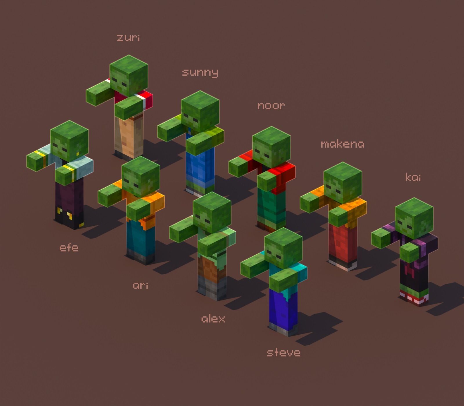 Image showing several variations on Minecraft zombies.