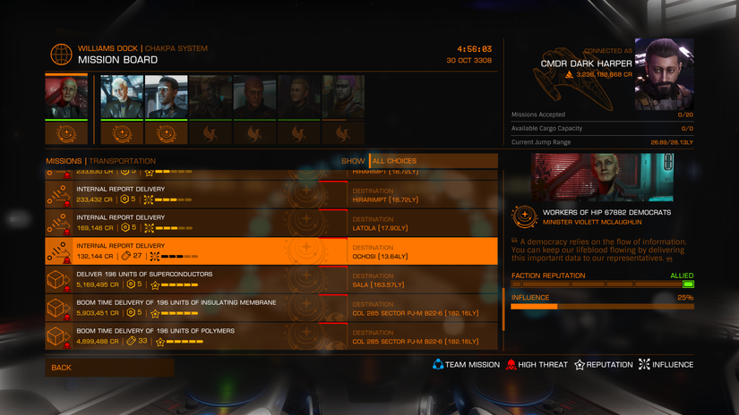 A mission board listing missions that head to the Ochosi system