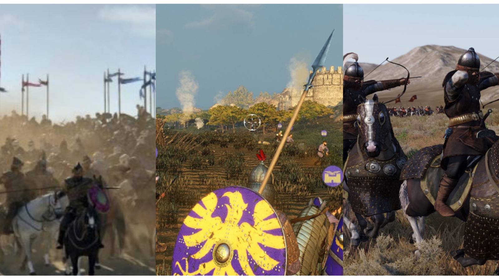 split image of three battles in Mount & Blade 2: Bannerlord