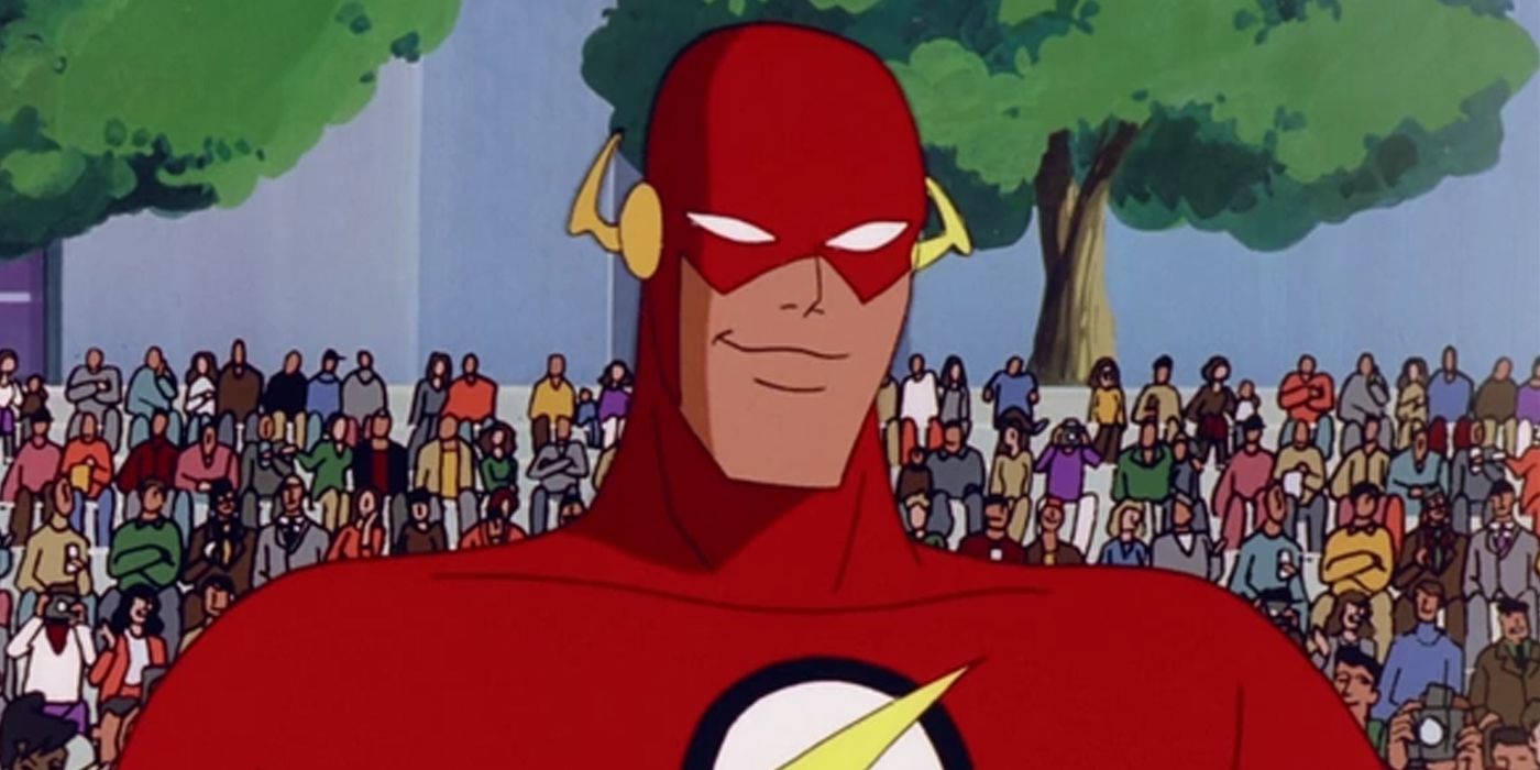 The Flash smirking with a crowd of people behind him
