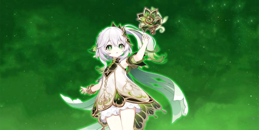 nahida reaching out to deepwood artifact in genshin impact