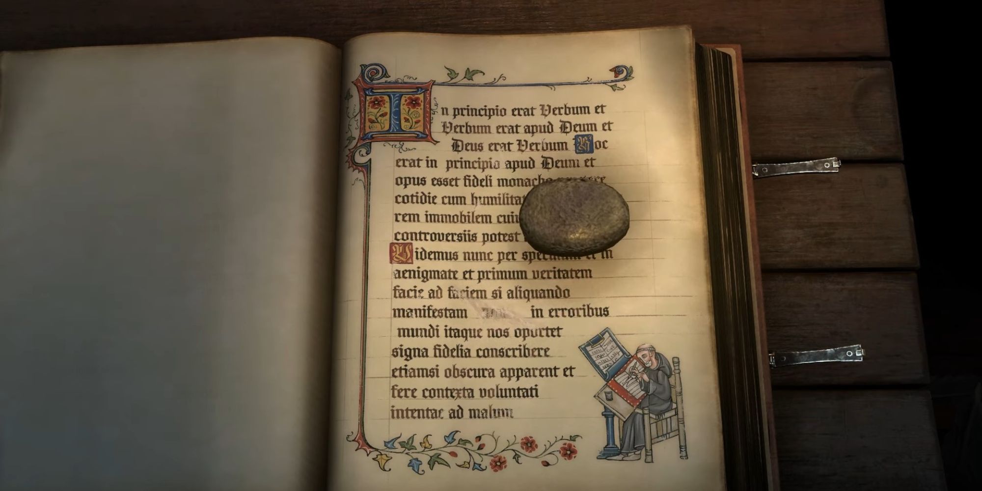 A screen of Pentiment showing a page being scrubbed off of a book